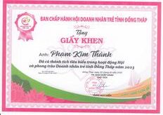 Giấy khen của Hội Doanh nhân trẻ tỉnh Đồng Tháp trao cho ông Phạm Kim Thành vì thành tích tiêu biểu trong hoạt động Hội năm 2023