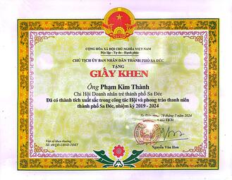 Giấy khen của UBND thành phố Sa Đéc trao cho ông Phạm Kim Thành vì thành tích xuất sắc trong công tác Hội và phong trào thanh niên nhiệm kỳ 2019–2024
