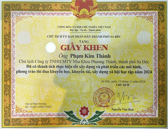 Giấy khen của UBND thành phố Sa Đéc trao cho ông Phạm Kim Thành vì thành tích xuất sắc trong xây dựng mô hình khuyến học và phát triển xã hội học tập năm 2024