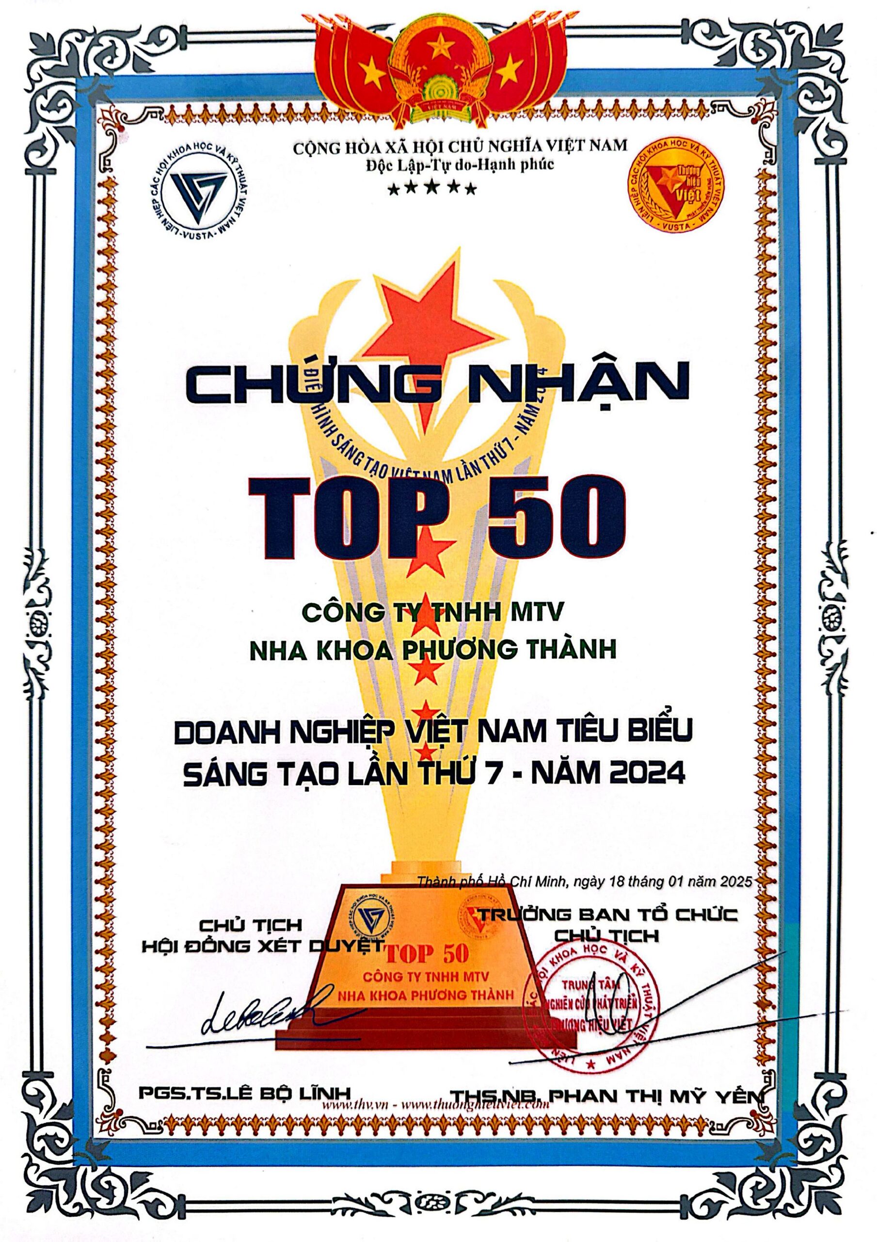 Chứng nhận Top 50 Doanh nghiệp Việt Nam tiêu biểu sáng tạo lần thứ 7 năm 2024 trao cho Công ty TNHH MTV Nha khoa Phương Thành