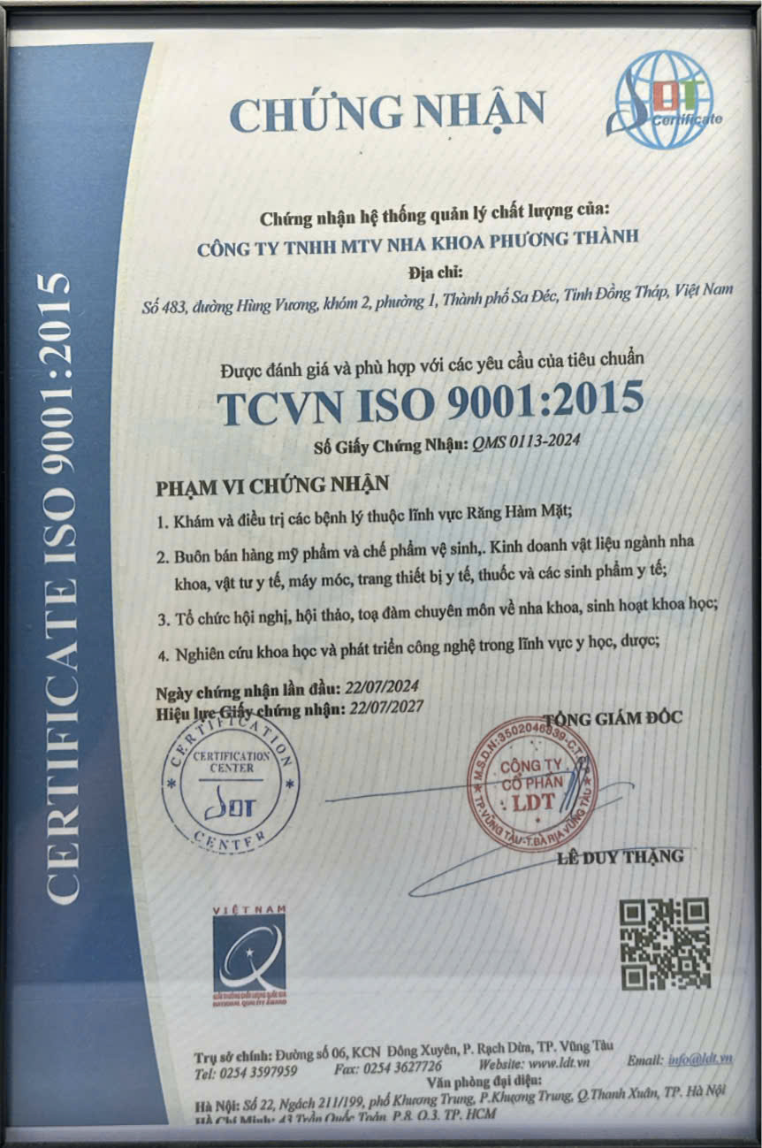 Chứng nhận ISO 9001:2015 trao cho Công ty TNHH MTV Nha khoa Phương Thành, chứng nhận hệ thống quản lý chất lượng