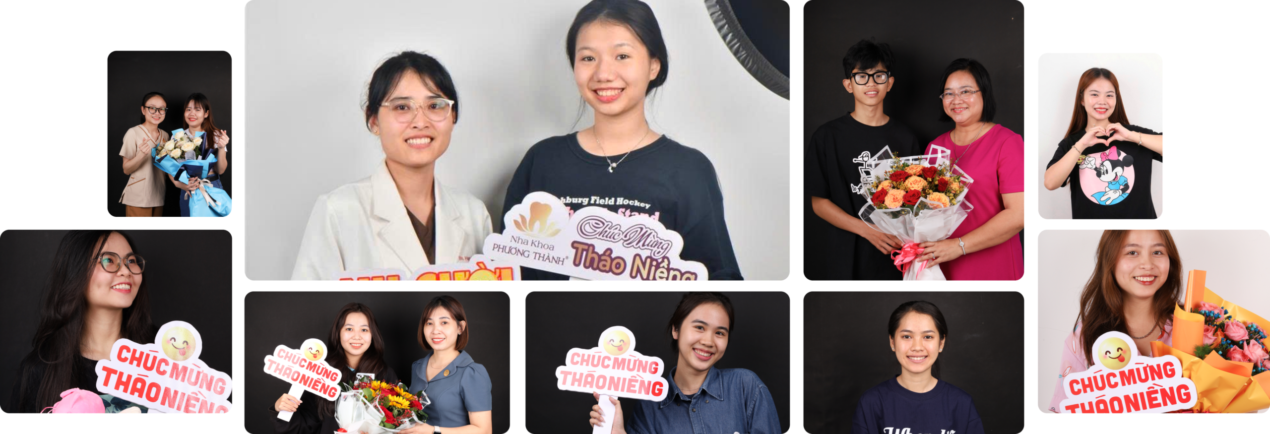 Hình ảnh tổng hợp khách hàng trẻ em, nhân viên, không gian phòng khám và kết quả chỉnh nha tại Nha khoa Phương Thành