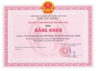 Bằng khen UBND Tỉnh Đồng Tháp tặng Nha khoa Phương Thành đạt thành tích xuất sắc phong trào Khởi nghiệp trong thanh niên