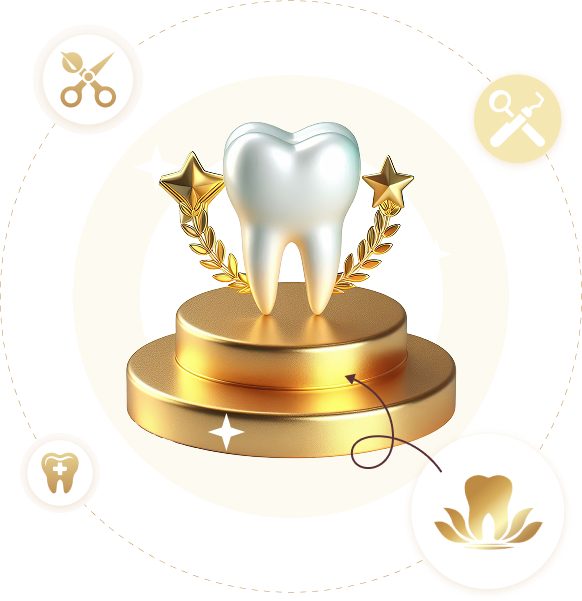 Biểu tượng răng trắng trên bục vàng – đại diện dịch vụ nha khoa cao cấp tại Nha khoa Phương Thành