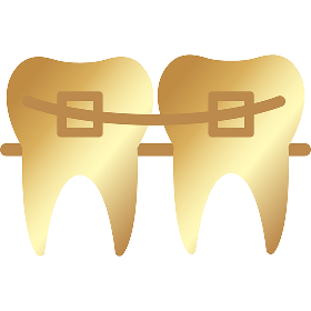 Biểu tượng hai chiếc răng vàng gắn mắc cài chỉnh nha – thiết kế mô phỏng niềng răng thẩm mỹ, đại diện cho dịch vụ chỉnh nha tại Nha Khoa Phương Thành