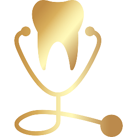 Biểu tượng nha khoa kết hợp hình răng và ống nghe – thiết kế màu vàng mô phỏng sự kết nối giữa y học và chăm sóc răng miệng tại Nha Khoa Phương Thành