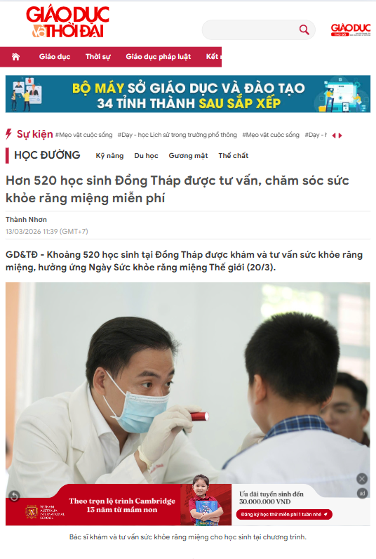 Hơn 520 học sinh Đồng Tháp được tư vấn, chăm sóc sức khỏe răng miệng miễn phí