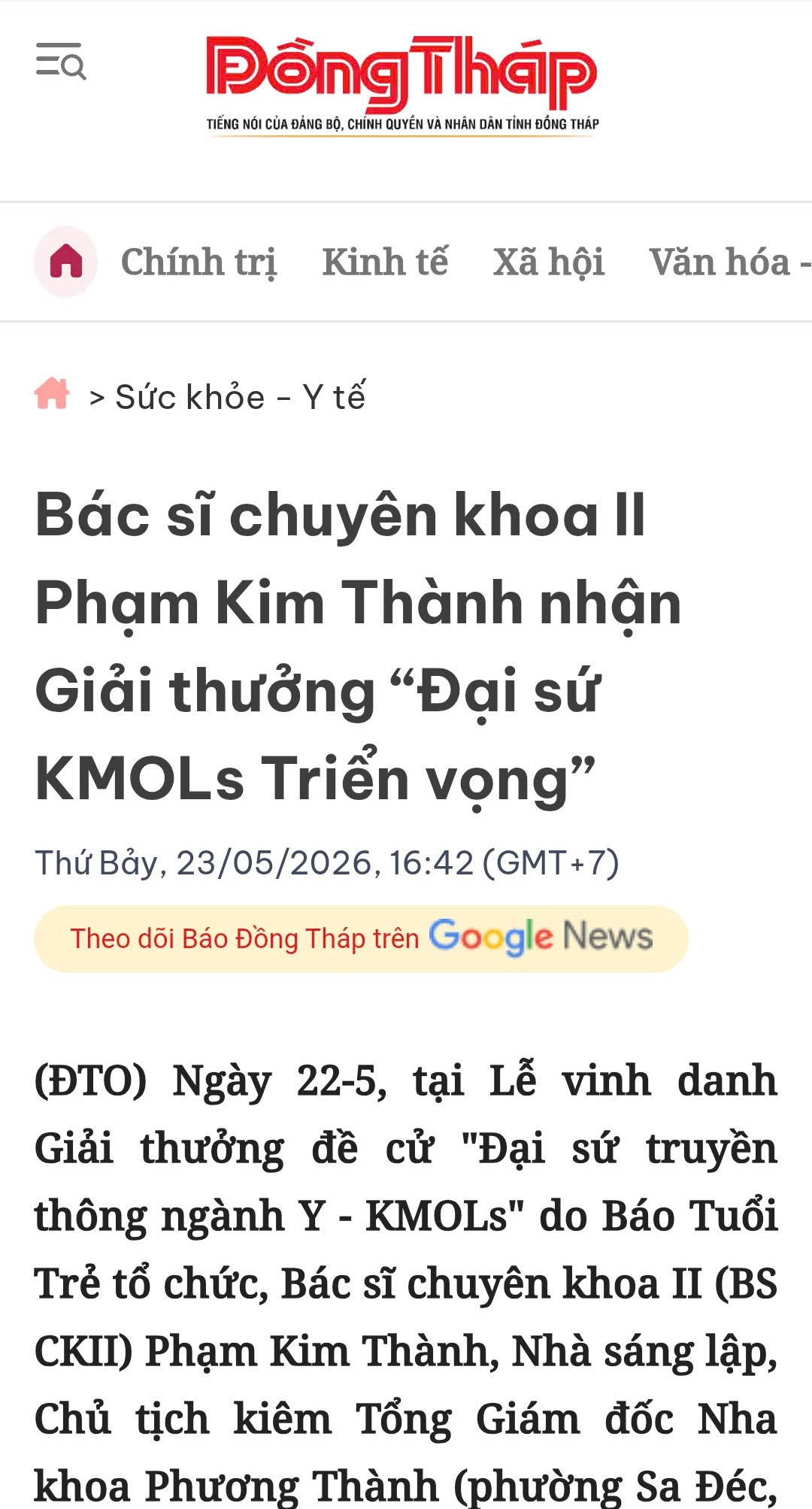 Bác sĩ CKII Phạm Kim Thành nhận Giải thưởng “Đại sứ KMOLs Triển vọng”
